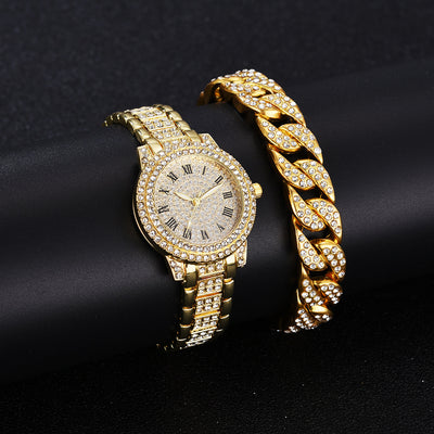 Juego de Reloj y Pulsera de Acero Inoxidable con Números Romanos y Diamantes - Image 12