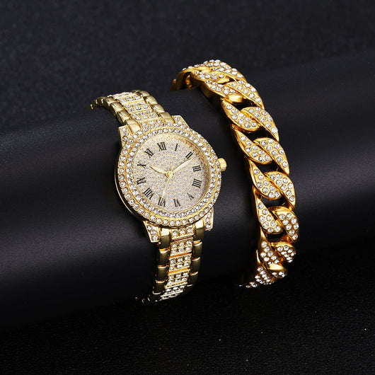 Juego de Reloj y Pulsera de Acero Inoxidable con Números Romanos y Diamantes - Image 12