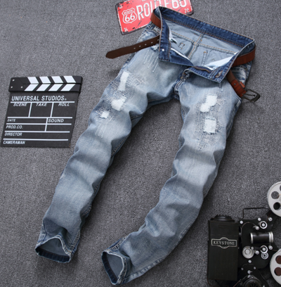 Pantalones Vaqueros Rotos Slim Fit para Hombre - Denim Desgastado Azul Claro Talla Grande - Image 3