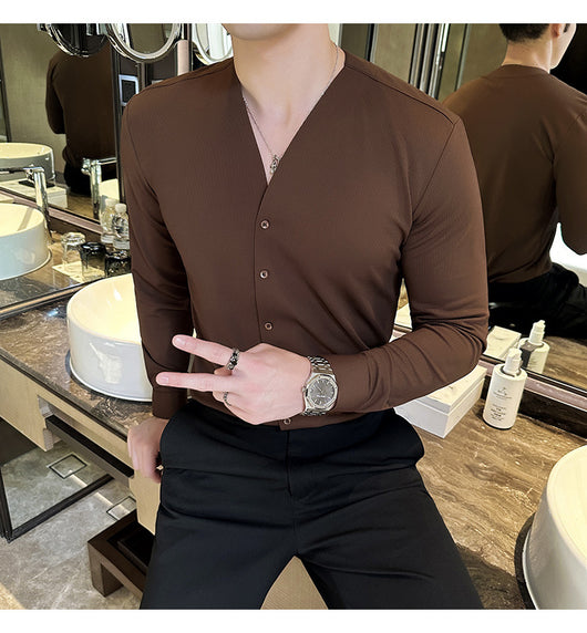 Camisa de Cuello V Manga Larga con Textura Waffle para Hombre - Image 25