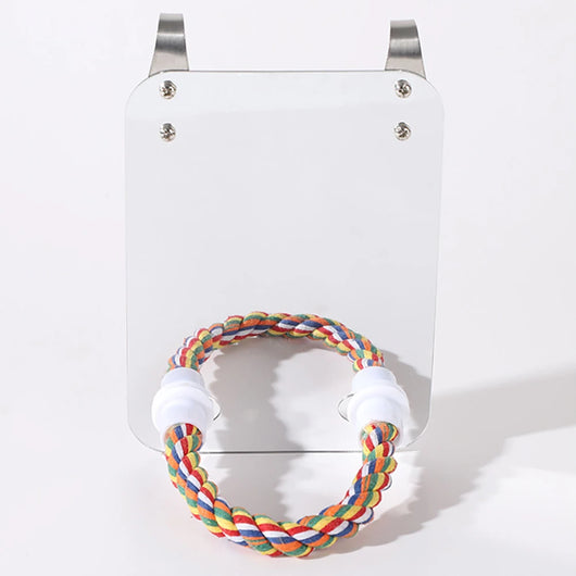 Parrot toy with a rectangular acrylic mirror and a colorful braided rope perch, designed to hang in a birdcage. - Image 13