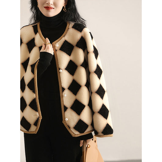 Abrigo de Lana Pura con Diseño Cuadros Escoceses y Piel de Oveja para Invierno - Image 5