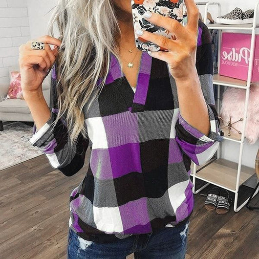 Camisa Casual de Cuadros con Escote en V y Mangas Largas - Image 36