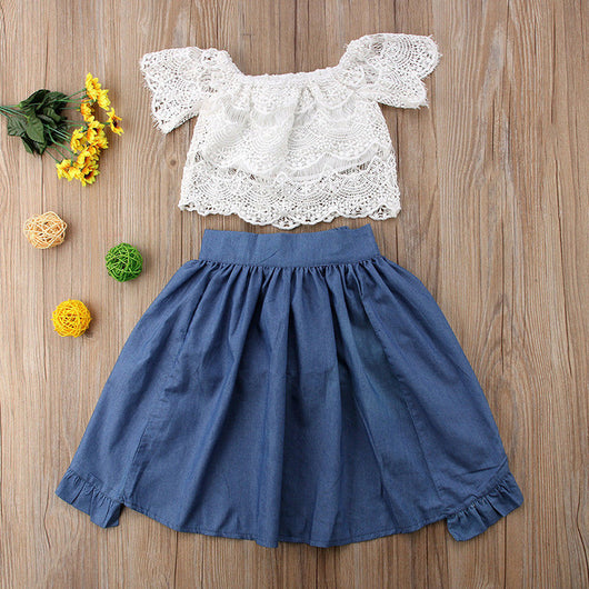 Conjunto de 3 Piezas: Top de Encaje, Falda Denim y Accesorio - Image 6