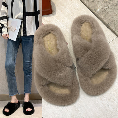 Pantuflas Cruzadas de Pelo de Conejo Suave para Mujer - Image 14