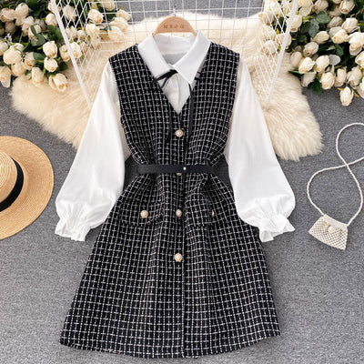Vestido Houndstooth con Tirantes y Mangas Puff - Image 16