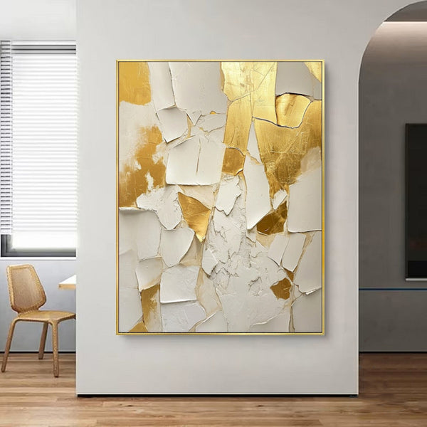 Cuadro Abstracto Minimalista Oro y Blanco - Pintura al Óleo Hecha a Mano sobre Lienzo
