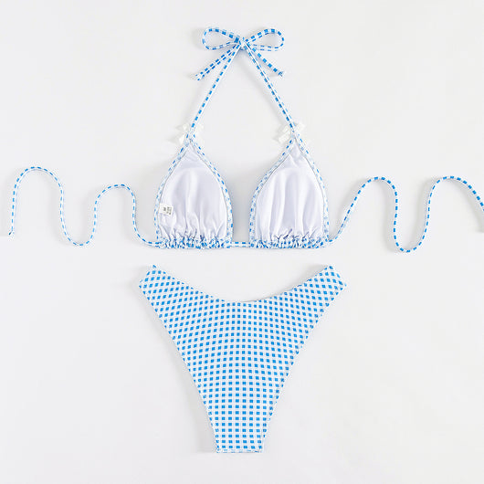 Red and white gingham print bikini swimsuit with a triangle halter top and high-cut bottom, featuring small white bows. - Image 3