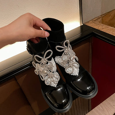 Botines Cortos con Moño de Diamantes y Tacón Grueso - Image 11