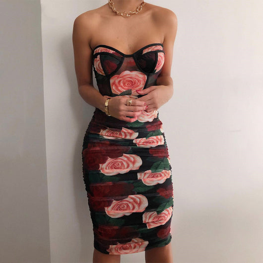 Vestido Slim Fit Escote Cuadrado con Estampado Fruncido para Mujer