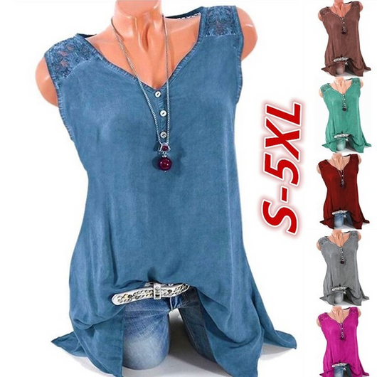 Chaleco sin mangas de encaje cuello V color sólido