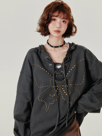 Sudadera Retro con Capucha Mujer - Cuello V Cordones y Remaches - Image 9