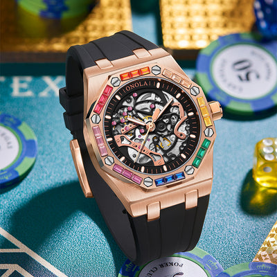 Reloj Automático para Hombre con Banda de Silicona Arcoíris y Diamantes - Image 18