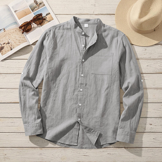 Camisa de Lino Estilo Americano con Cuello Mao y Mangas Medianas para Hombre - Image 10