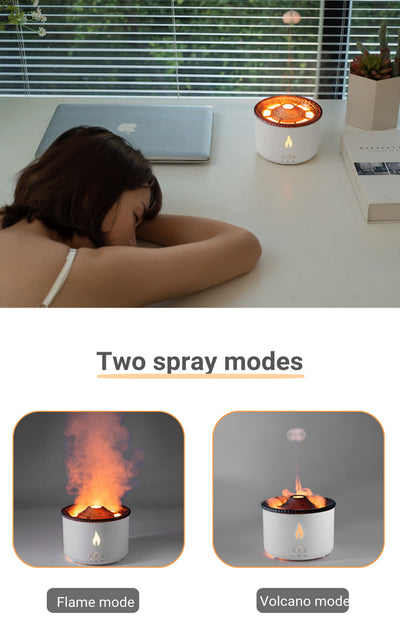 White ultrasonic essential oil diffuser with orange flame effect mist, alongside a gift set of Lavender, Peppermint, Tea Tree, and Sweet Orange essential oils. - Image 17