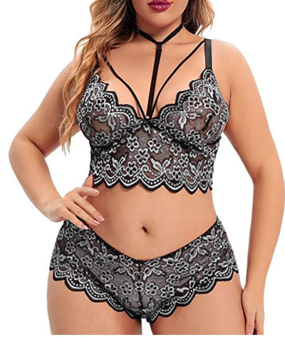 Plus size model wearing a red lace longline bralette with a choker and matching high-waisted briefs. - Image 13