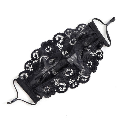 Black lace face mask with embroidered floral pattern and adjustable ear loops, designed for ladies. - Image 10