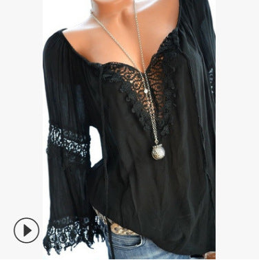 Blusa Asimétrica de Algodón y Lino con Encaje de Manga Larga