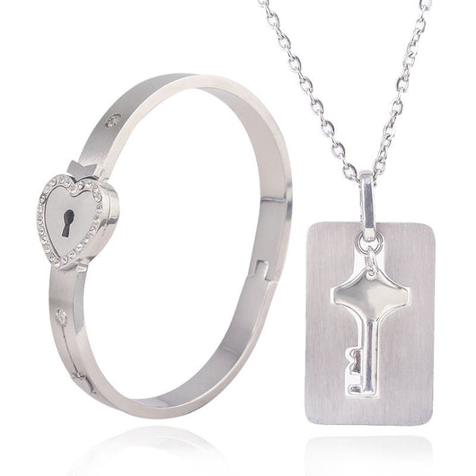 Conjunto de Joyas para Pareja de Acero de Titanio - Pulsera de Candado y Collar de Llave - Image 11
