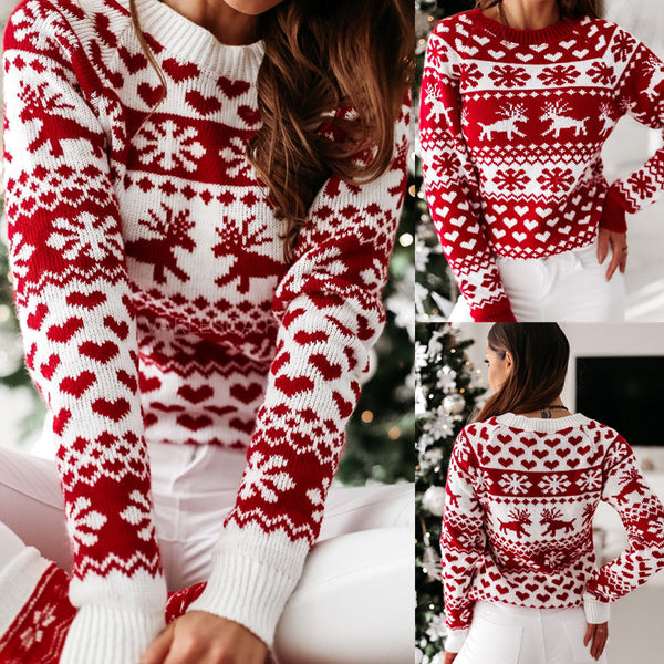 Suéter Navideño Tejido para Mujer con Estampado de Reno y Copo de Nieve
