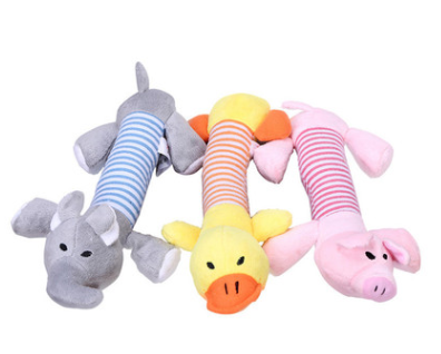 Grey plush elephant dog toy with a blue and white striped body, black eyes, and white inner ears. - Image 5