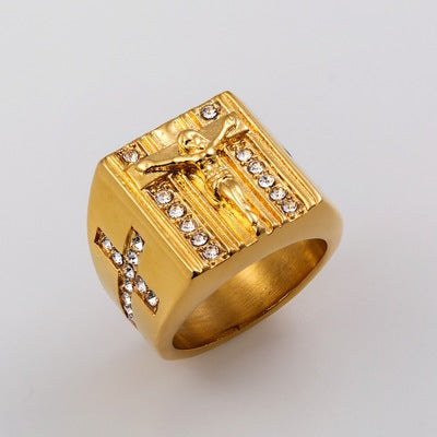 Anillo Retro con Cruz de Jesús - Símbolo de Fe y Devoción