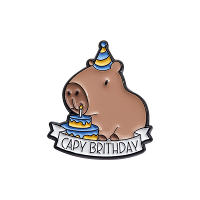 Cute capybara enamel brooch wearing a pink donut with sprinkles and "DONUT WORRY BE CAPPY" text. - Image 11