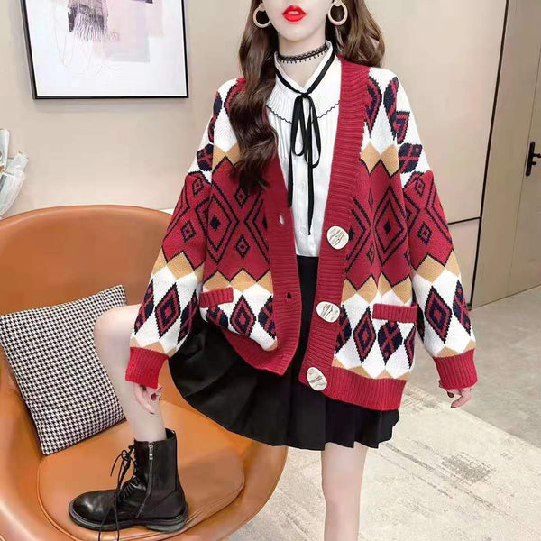 Cardigan Tejido Jacquard Suelta y Cómoda con Cuello en V