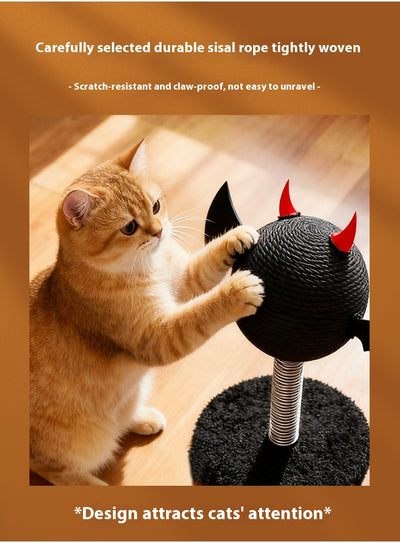 Black cat scratching toy with a sisal-wrapped ball, red devil horns, and black bat wings on a spring base. - Image 6