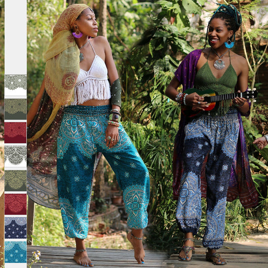 Pantalones Yoga Sueltos con Estampado Étnico y Cintas en Tobillos para Mujer