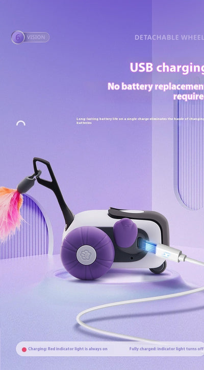 White and black remote control cat toy car with purple wheels and an orange feather, next to a white cat-shaped remote. - Image 14