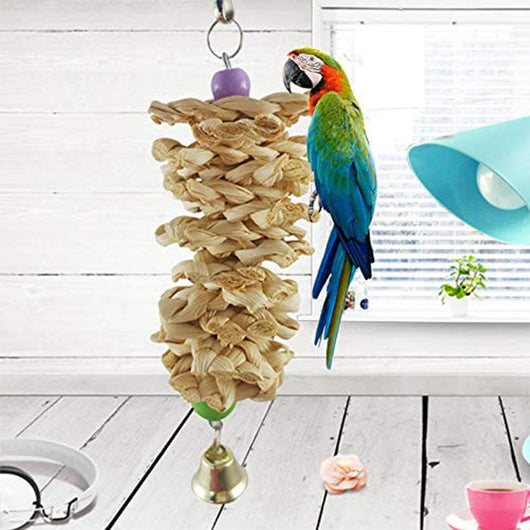 Natural grass bird toy with a woven cylindrical body, purple and green beads, a golden bell, and a metal hook. - Image 5