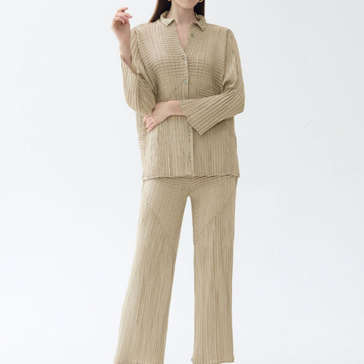 Conjunto de Moda: Blusa Plisada Manga Larga y Pantalón Recto Casual
