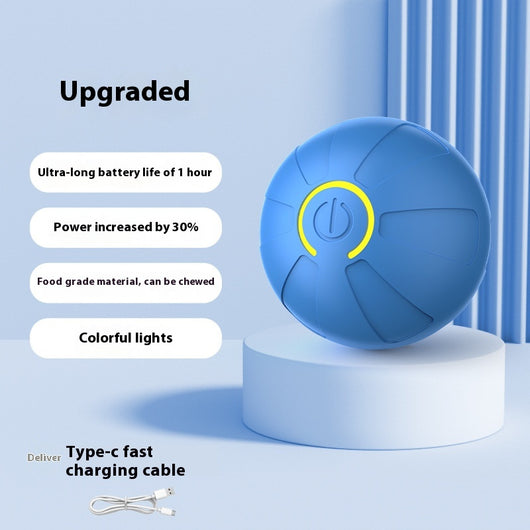 Upgraded blue electric jumping ball for pets with a yellow power button, made of chewable silicone, on a white pedestal. - Image 5