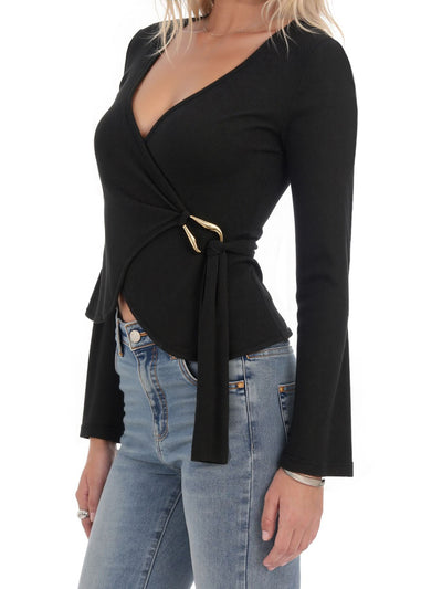 Suéter Tejido Negro Cuello V Manga Larga con Cintura Ajustada Diseño Francés - Image 9