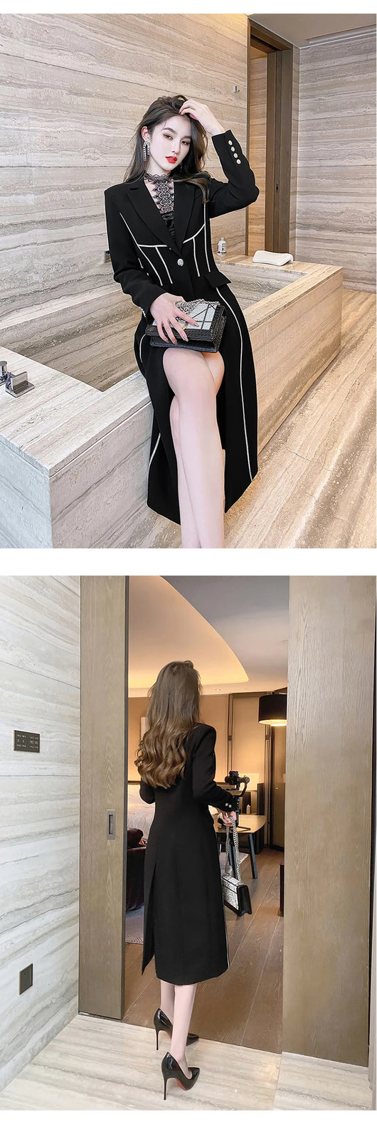 Abrigo Trinchera Negro Midi Elegante para Mujer - Image 12