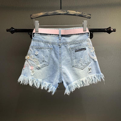 Shorts de Mezclilla Rectos con Bordados y Perlas para Mujer - Image 3