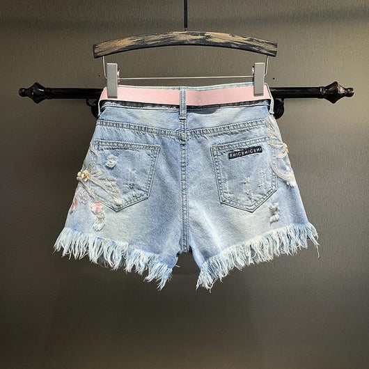 Shorts de Mezclilla Rectos con Bordados y Perlas para Mujer - Image 3