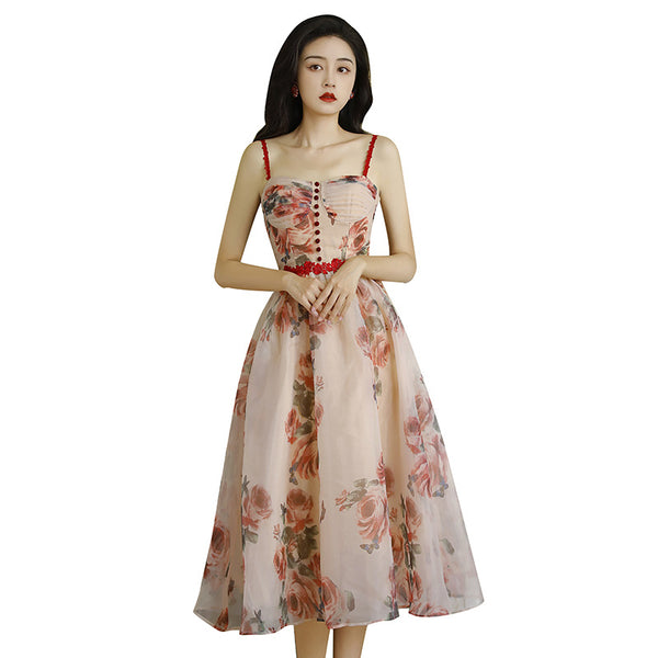 Vestido Floral Vintage con Tirantes y Cintura Ajustada para Verano