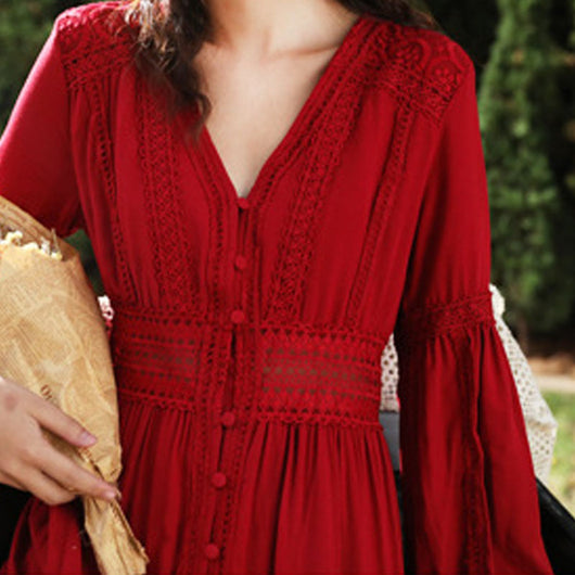 Vestido Largo de Encaje con Escote V y Cintura Alta - Image 16
