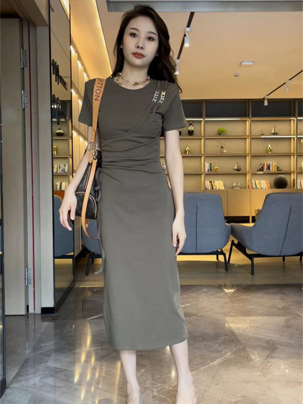 Vestido Camiseta Larga con Corte en Cintura y Cordón Ajustable para Mujer