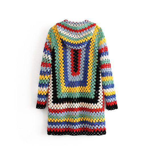 Cardigan Tejido a Mano con Capucha Arcoíris - Abrigo Suéter Largo para Otoño - Image 2