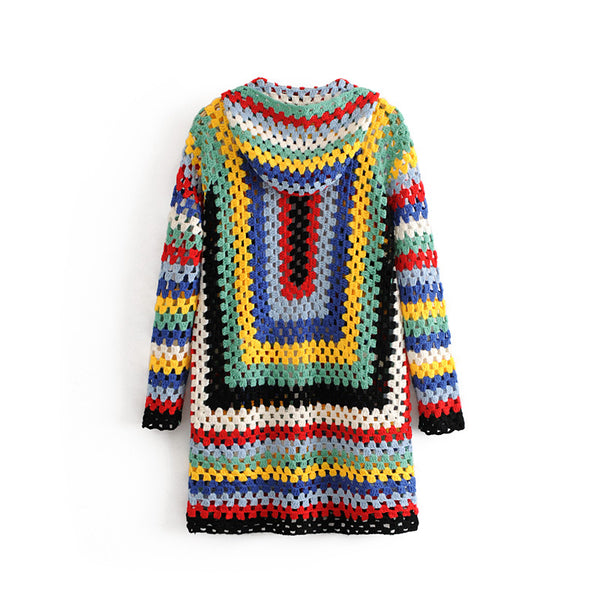Cardigan Tejido a Mano con Capucha Arcoíris - Abrigo Suéter Largo para Otoño