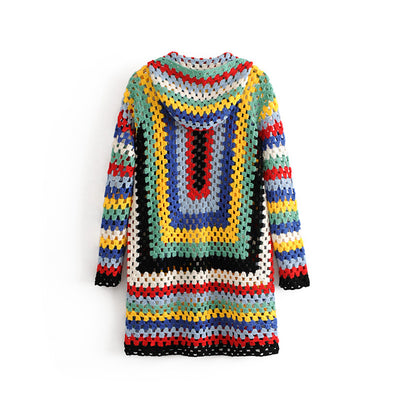 Cardigan Tejido a Mano con Capucha Arcoíris - Abrigo Suéter Largo para Otoño - Image 2