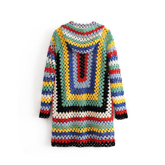 Cardigan Tejido a Mano con Capucha Arcoíris - Abrigo Suéter Largo para Otoño - Image 2