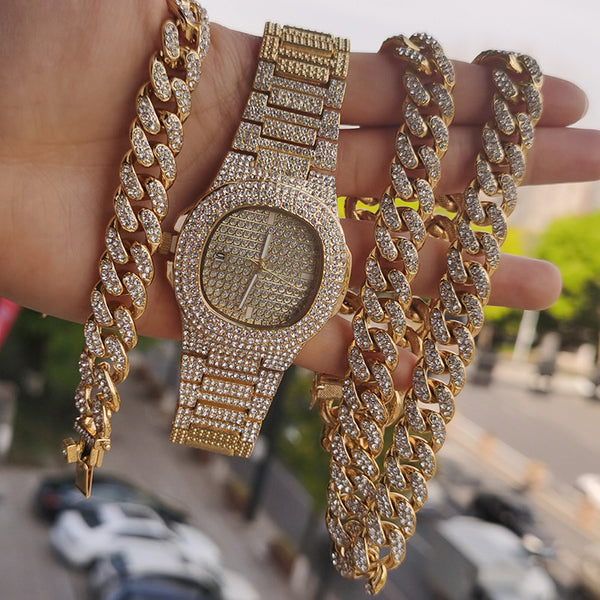 Juego de Cadena Cubana: Collar, Pulsera y Reloj