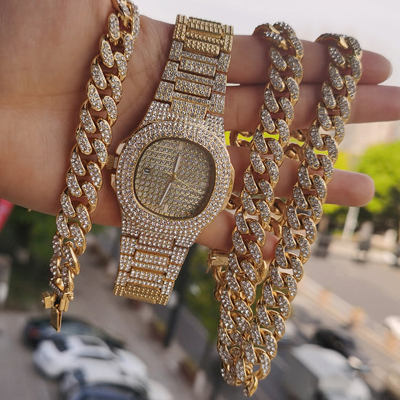Juego de Cadena Cubana: Collar, Pulsera y Reloj