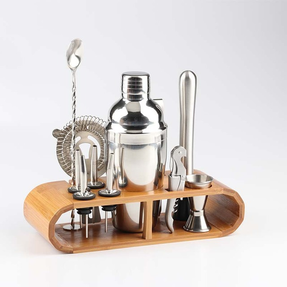 Coctelera de Acero Inoxidable con Soporte de Madera para Bar en Casa