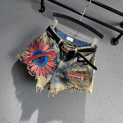 Short Denim Bordado Cintura Alta Pierna Recta con Roturas - Image 4
