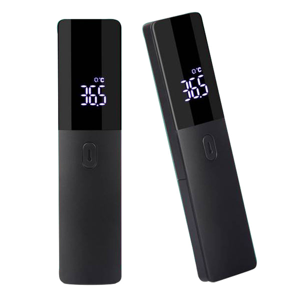Two black full-screen infrared thermometers with digital displays showing 36.5 °C, one upright and one tilted.